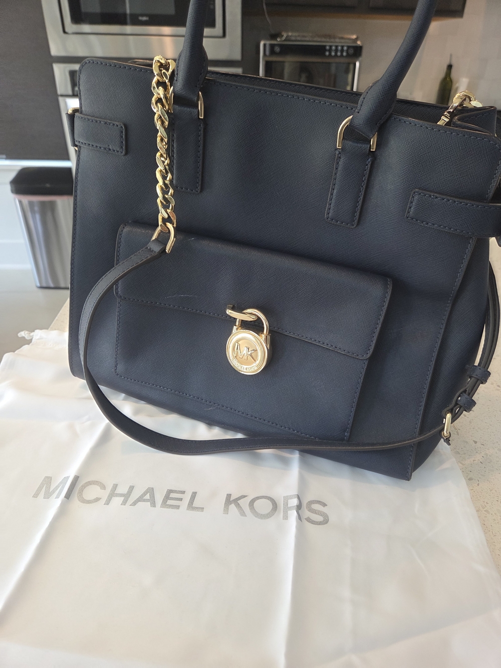 Michael Kors Navy Saffiano Leather Tote with Gold Hardware